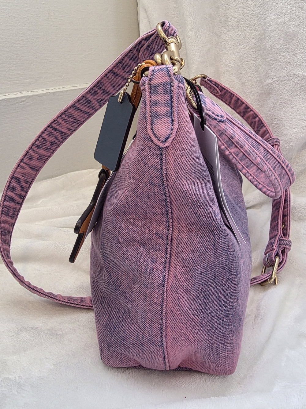 Custom Hand-Dyed Pink Coach Laurel Shoulder Bag | Reworked Denim with Charms - Picture 3 of 15